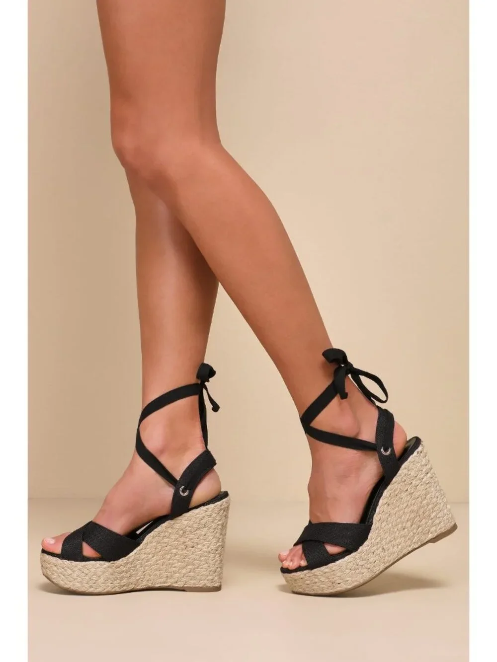 Lulus Esme Black Lace-Up Espadrille Wedges. size 9